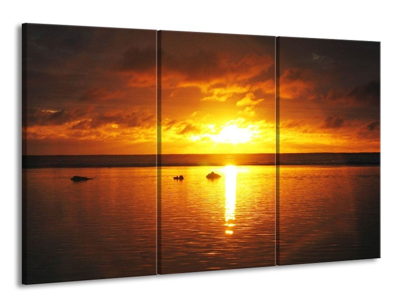Canvas schilderij Zonsondergang | Geel, Oranje, Bruin | 165x100cm 3Luik
