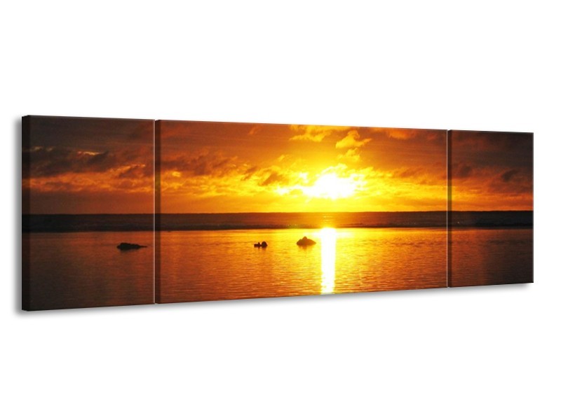 Canvas schilderij Zonsondergang | Geel, Oranje, Bruin | 170x50cm 3Luik