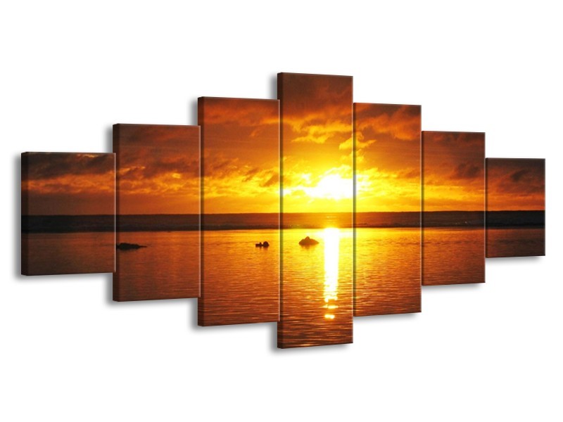 Canvas schilderij Zonsondergang | Geel, Oranje, Bruin | 210x100cm 7Luik