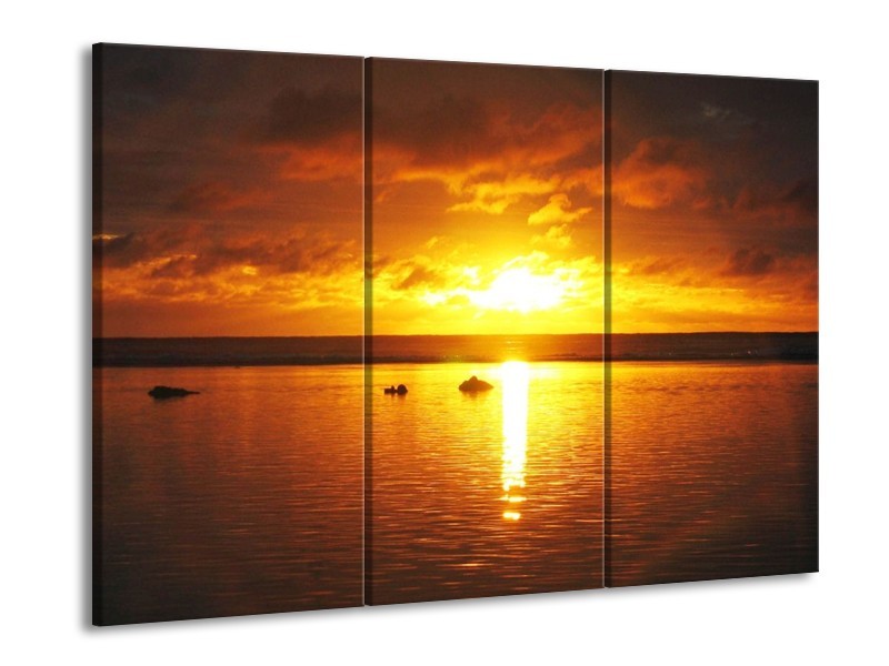 Canvas schilderij Zonsondergang | Geel, Oranje, Bruin | 90x60cm 3Luik