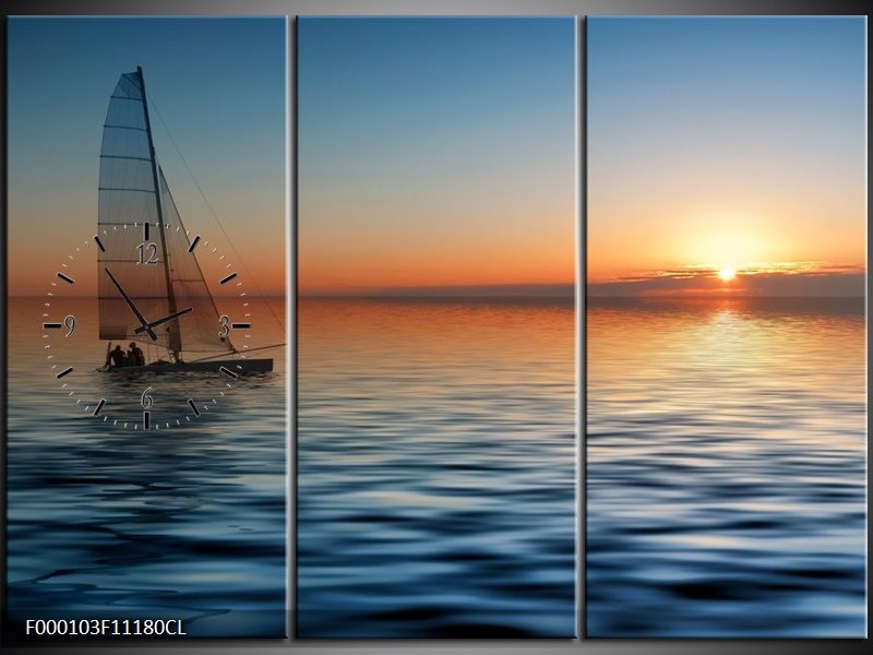Klok schilderij Zonsondergang | Blauw, Geel, Oranje | 111x80cm 3Luik
