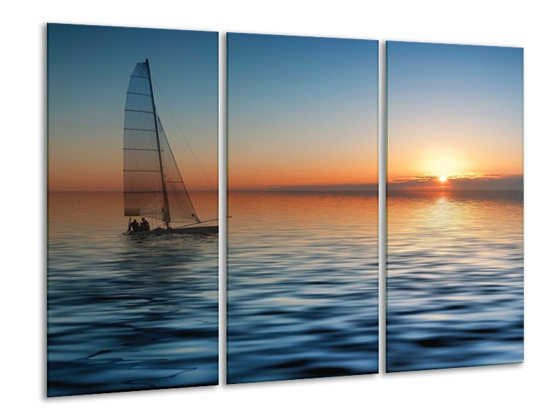 Canvas schilderij Zonsondergang | Blauw, Geel, Oranje | 120x80cm 3Luik