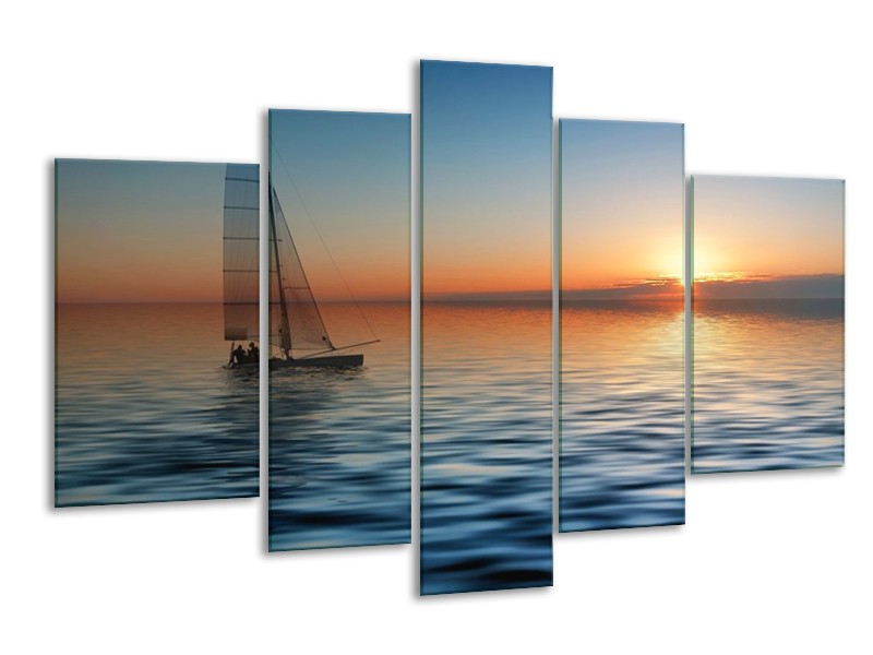 Canvas schilderij Zonsondergang | Blauw, Geel, Oranje | 170x100cm 5Luik