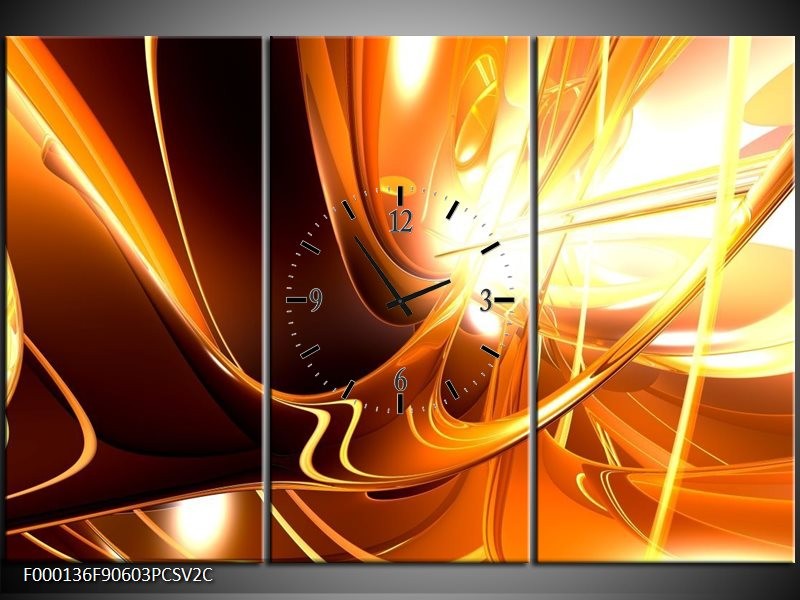Klok schilderij Abstract | Wit, Bruin, Oranje | 90x60cm 3Luik