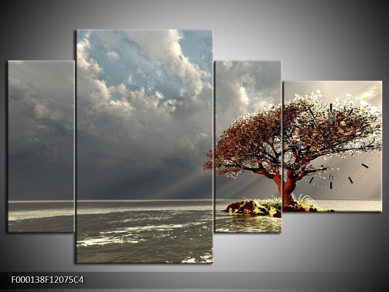 Klok schilderij Boom | Grijs, Bruin, Wit | 120x75cm 4Luik