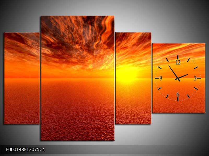 Klok schilderij Zonsondergang | Geel, Oranje | 120x75cm 4Luik