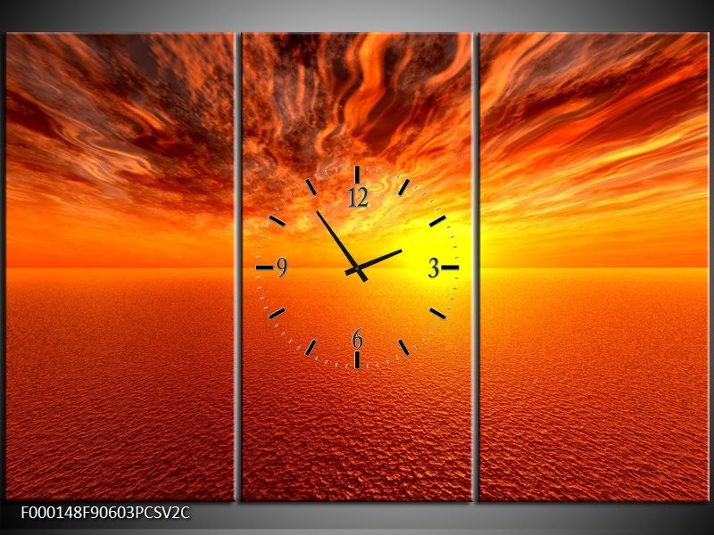 Klok schilderij Zonsondergang | Geel, Oranje | 90x60cm 3Luik