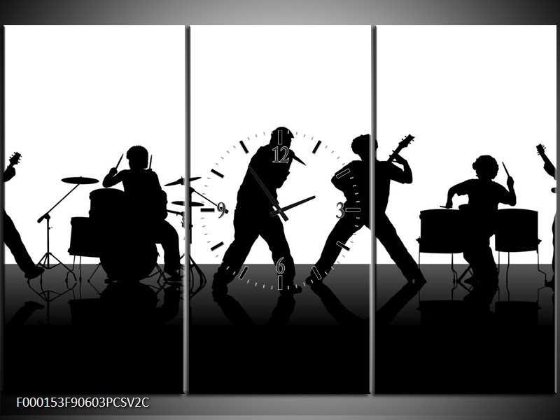 Klok schilderij Muziek | Zwart, Wit, Grijs | 90x60cm 3Luik