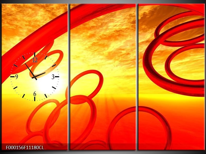 Klok schilderij Zon | Geel, Rood, Oranje | 111x80cm 3Luik
