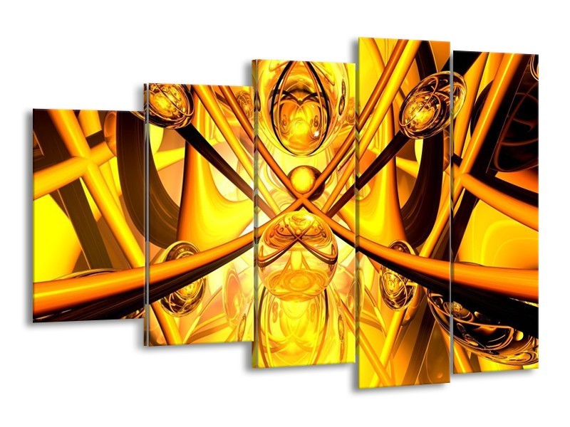 Canvas schilderij Abstract | Geel, Goud, Bruin | 150x100cm 5Luik
