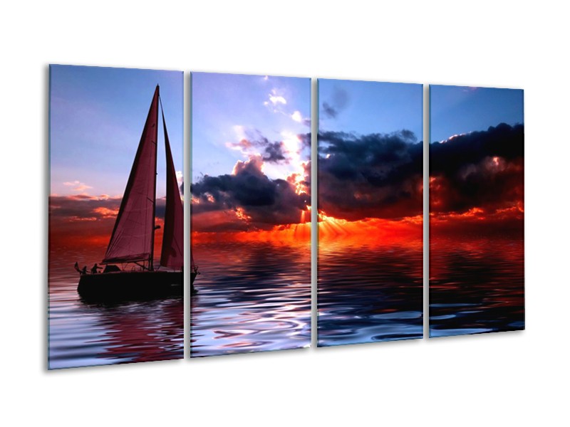 Canvas schilderij Zee | Rood, Geel, Blauw | 160x80cm 4Luik