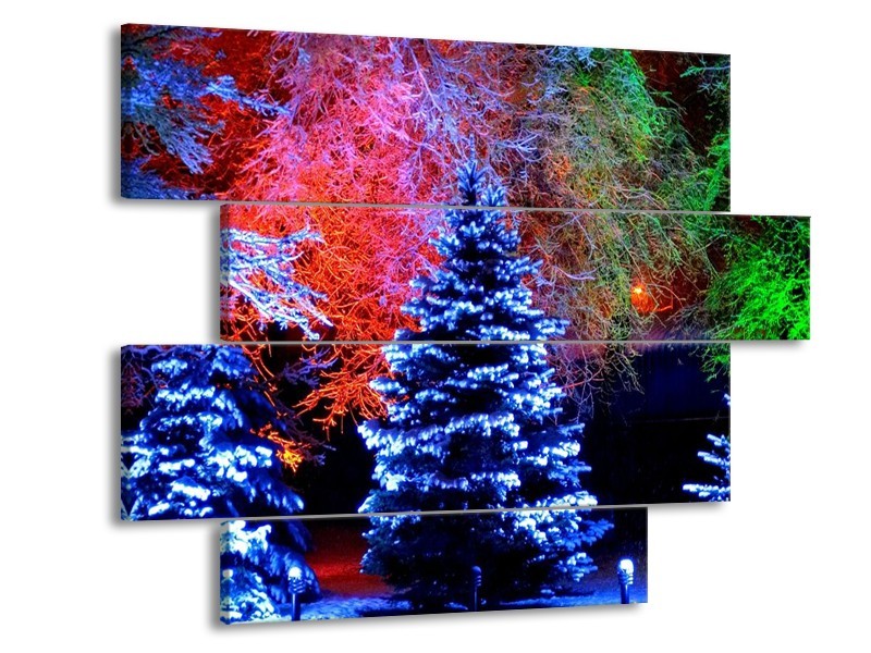 Canvas schilderij Kerstboom | Blauw, Groen, Rood | 115x85cm 4Luik