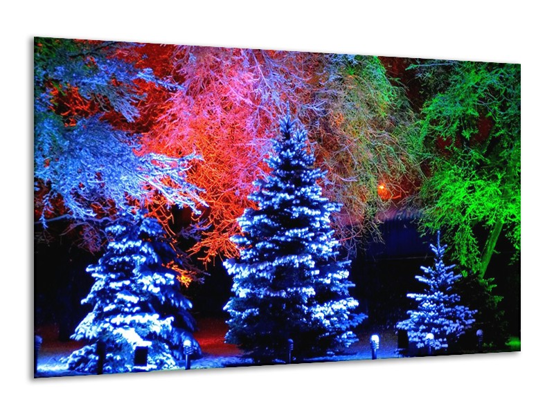 Glas schilderij Kerstboom | Blauw, Groen, Rood | 120x70cm 1Luik