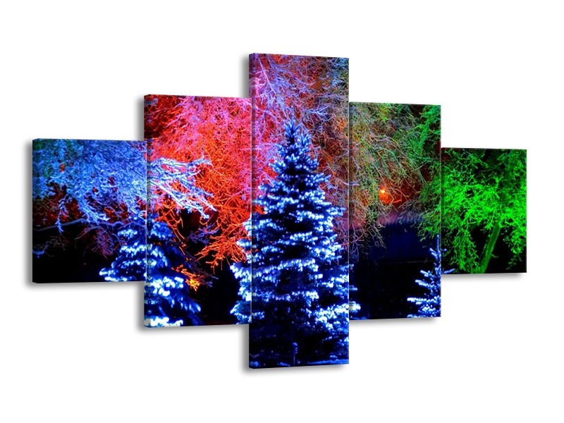 Canvas schilderij Kerstboom | Blauw, Groen, Rood | 125x70cm 5Luik