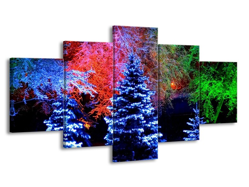 Canvas schilderij Kerstboom | Blauw, Groen, Rood | 150x80cm 5Luik
