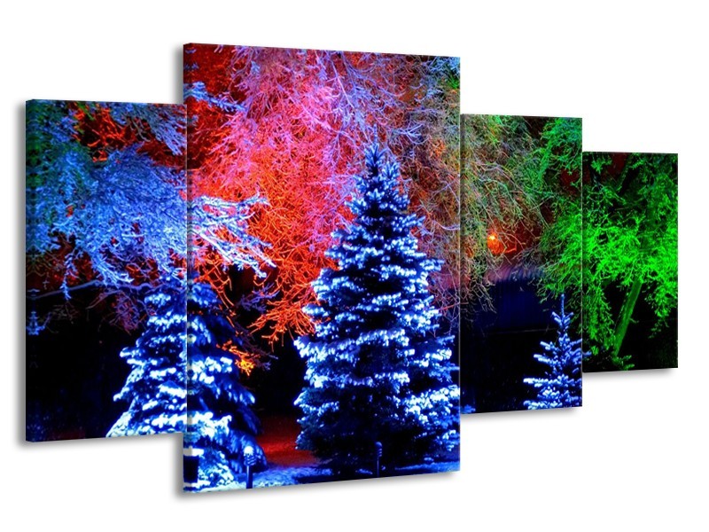 Canvas schilderij Kerstboom | Blauw, Groen, Rood | 160x90cm 4Luik