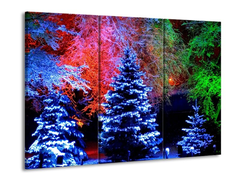Canvas schilderij Kerstboom | Blauw, Groen, Rood | 90x60cm 3Luik