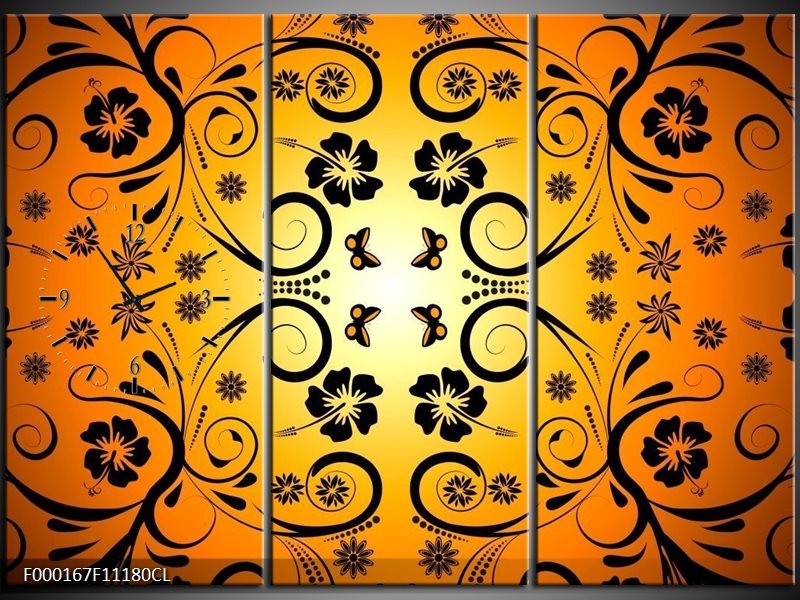 Klok schilderij Abstract | Zwart, Geel, Oranje | 111x80cm 3Luik