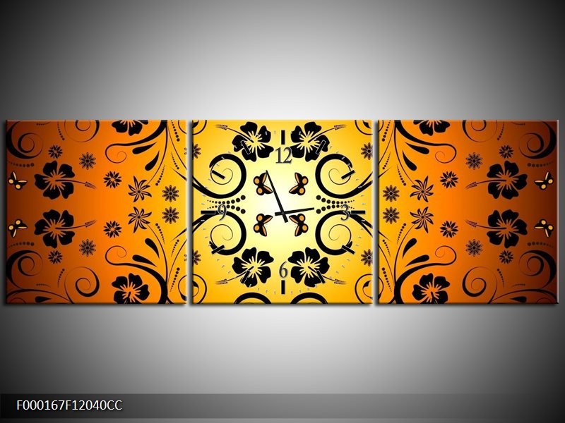 Klok schilderij Abstract | Zwart, Geel, Oranje | 120x40cm 3Luik
