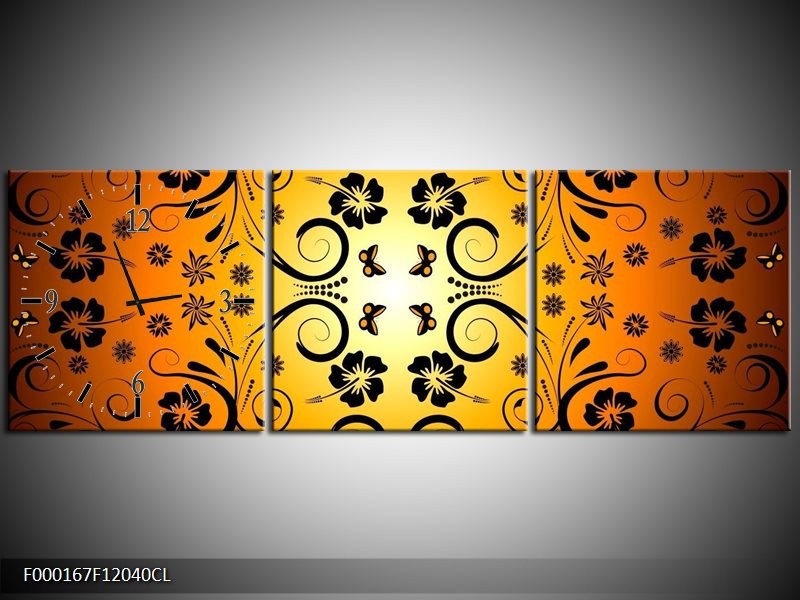 Klok schilderij Abstract | Zwart, Geel, Oranje | 120x40cm 3Luik