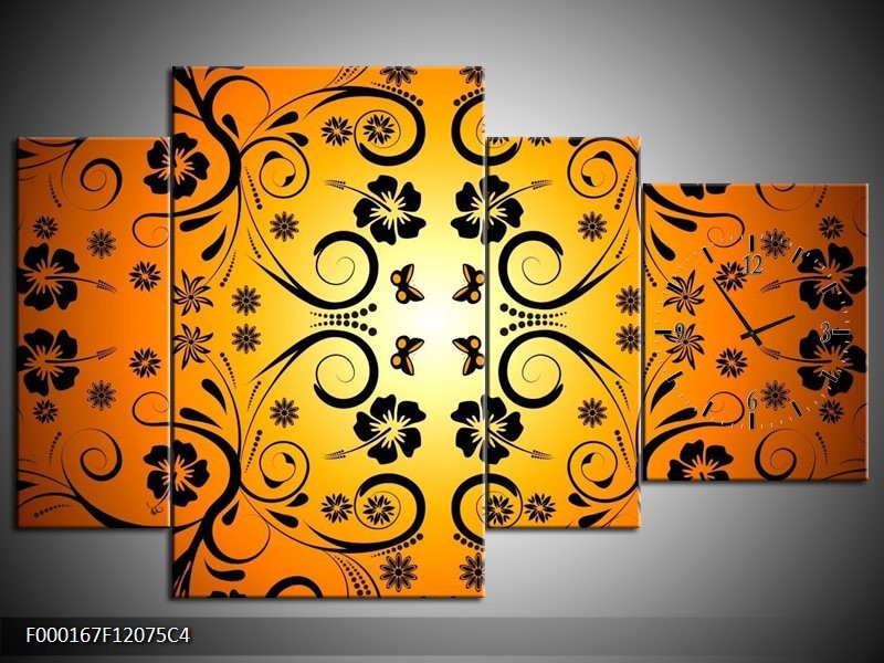 Klok schilderij Abstract | Zwart, Geel, Oranje | 120x75cm 4Luik