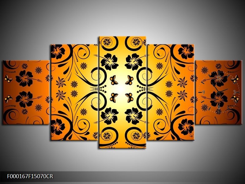 Klok schilderij Abstract | Zwart, Geel, Oranje | 150x70cm 5Luik