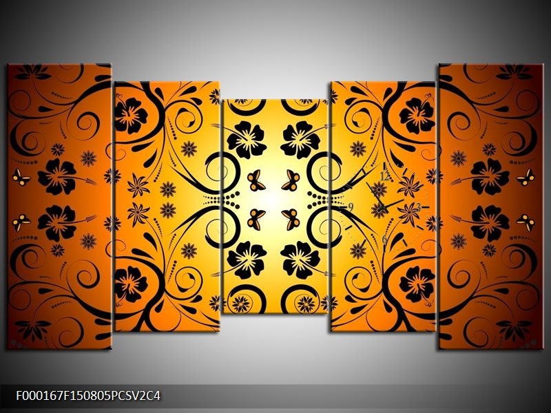 Klok schilderij Abstract | Zwart, Geel, Oranje | 150x80cm 5Luik