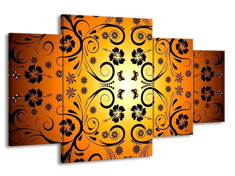 Glas schilderij Abstract | Zwart, Geel, Oranje | 160x90cm 4Luik