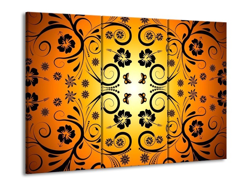 Glas schilderij Abstract | Zwart, Geel, Oranje | 90x60cm 3Luik
