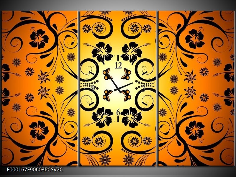 Klok schilderij Abstract | Zwart, Geel, Oranje | 90x60cm 3Luik