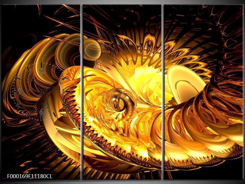 Klok schilderij Abstract | Geel, Goud, Zwart | 111x80cm 3Luik