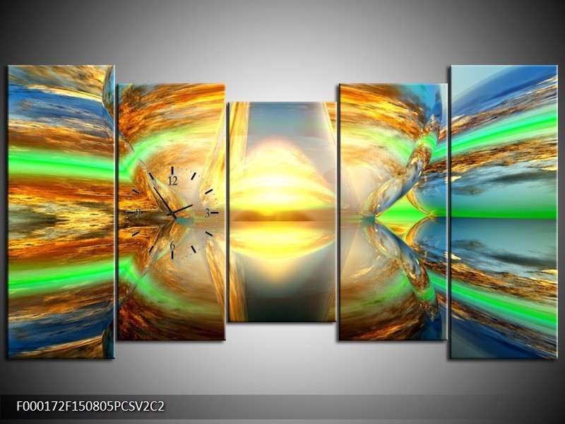 Klok schilderij Spiegel | Geel, Groen, Grijs | 150x80cm 5Luik