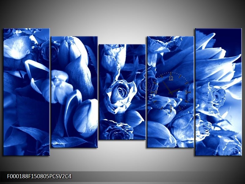 Klok schilderij Bloemen | Blauw, Wit | 150x80cm 5Luik