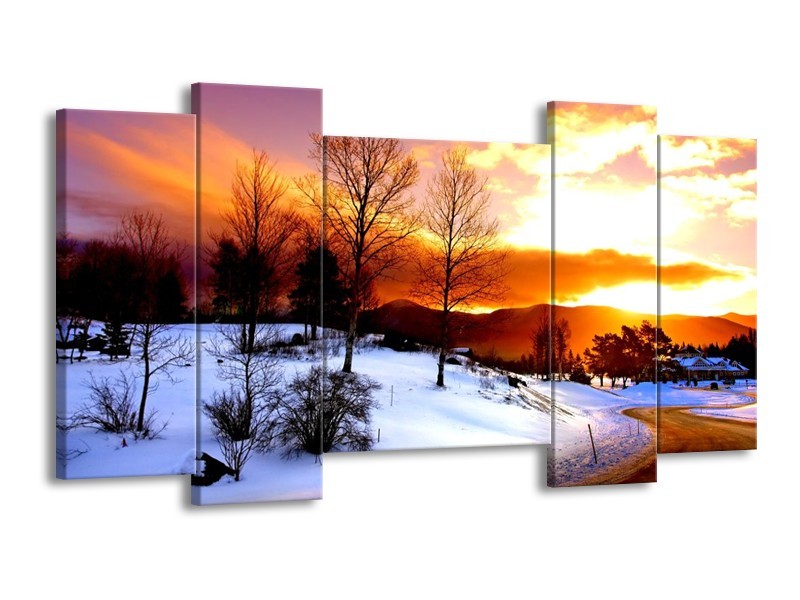 Canvas schilderij Winter | Wit, Oranje, Bruin | 120x65 5Luik