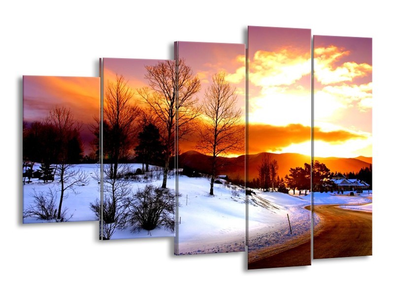 Canvas schilderij Winter | Wit, Oranje, Bruin | 150x100cm 5Luik