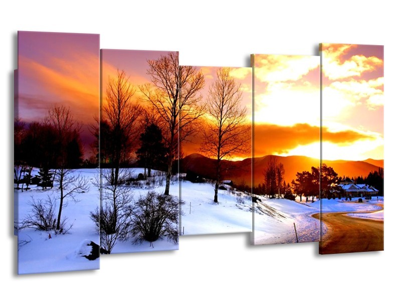 Canvas schilderij Winter | Wit, Oranje, Bruin | 150x80cm 5Luik