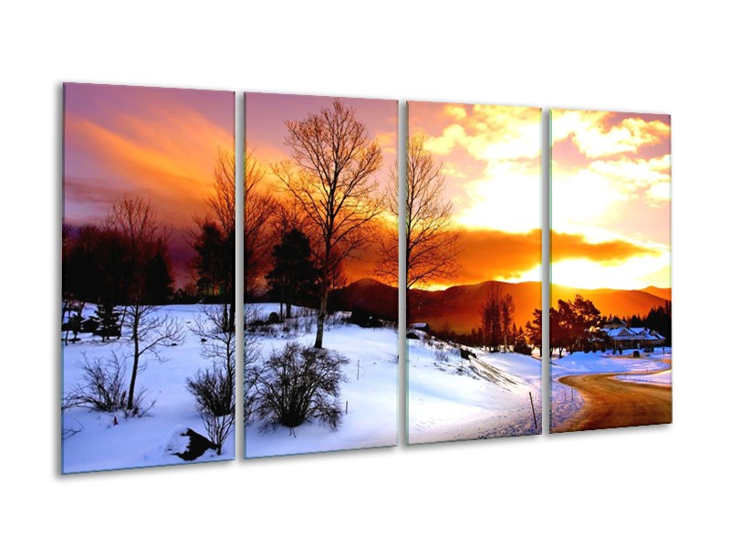 Canvas schilderij Winter | Wit, Oranje, Bruin | 160x80cm 4Luik