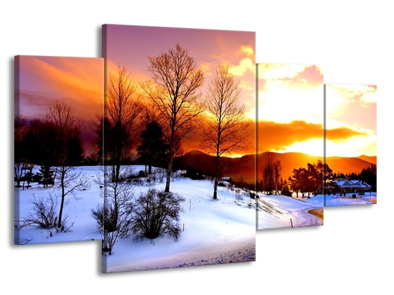 Canvas schilderij Winter | Wit, Oranje, Bruin | 160x90cm 4Luik