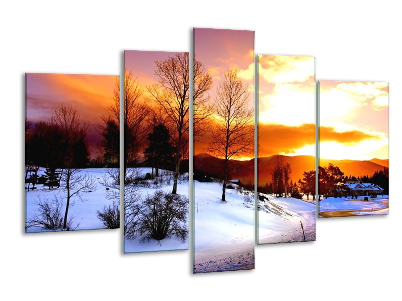 Canvas schilderij Winter | Wit, Oranje, Bruin | 170x100cm 5Luik