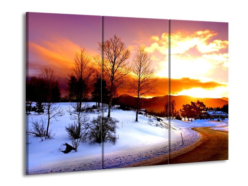 Canvas schilderij Winter | Wit, Oranje, Bruin | 90x60cm 3Luik