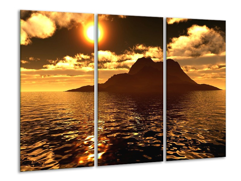 Glas schilderij Zonsondergang | Goud, Bruin, Geel | 120x80cm 3Luik