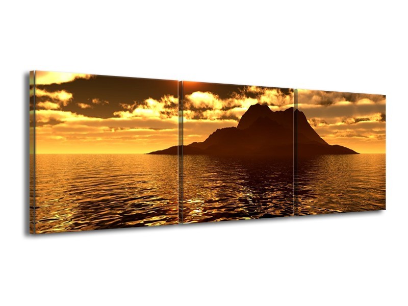 Canvas schilderij Zonsondergang | Goud, Bruin, Geel | 150x50cm 3Luik