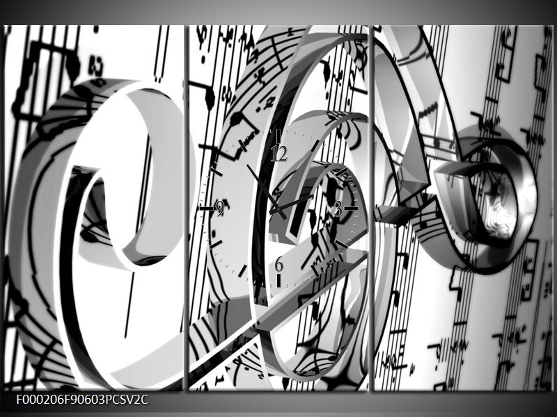 Klok schilderij Muziek | Wit, Grijs, Zwart | 90x60cm 3Luik