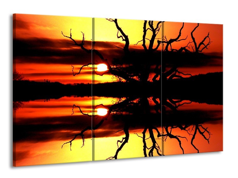 Canvas schilderij Zonsondergang | Oranje, Zwart, Geel | 165x100cm 3Luik