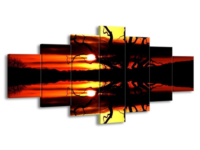 Canvas schilderij Zonsondergang | Oranje, Zwart, Geel | 210x100cm 7Luik