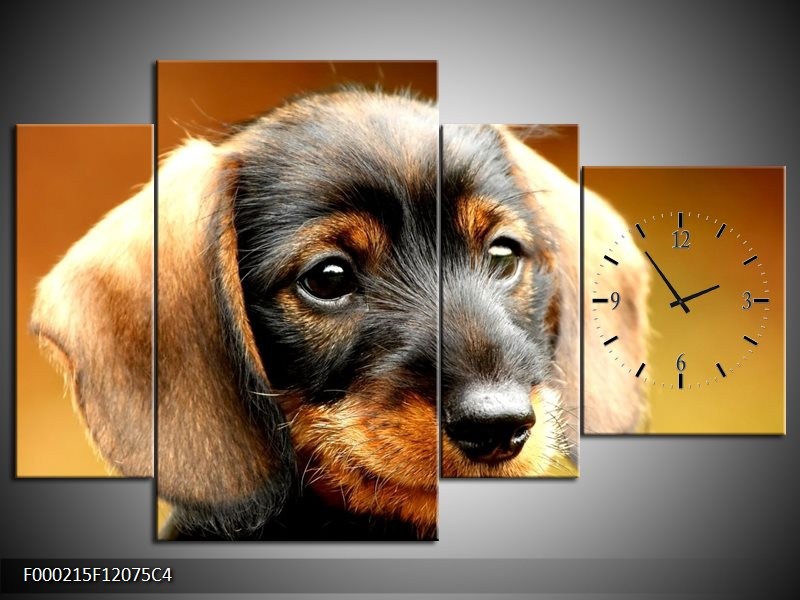 Klok schilderij Hond | Bruin, Geel, Zwart | 120x75cm 4Luik