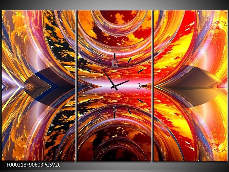 Klok schilderij Abstract | Rood, Geel, Grijs | 90x60cm 3Luik