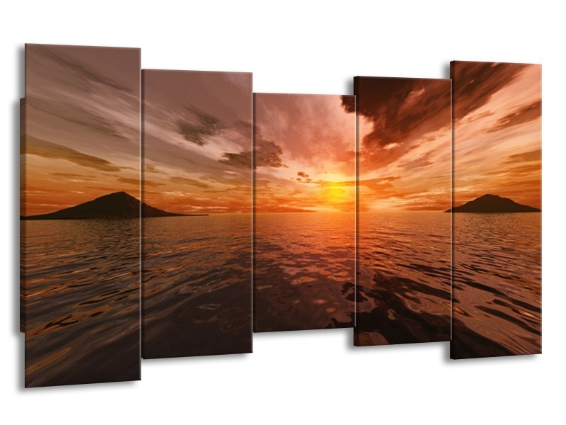 Canvas schilderij Zonsondergang | Grijs, Geel, Zwart | 150x80cm 5Luik