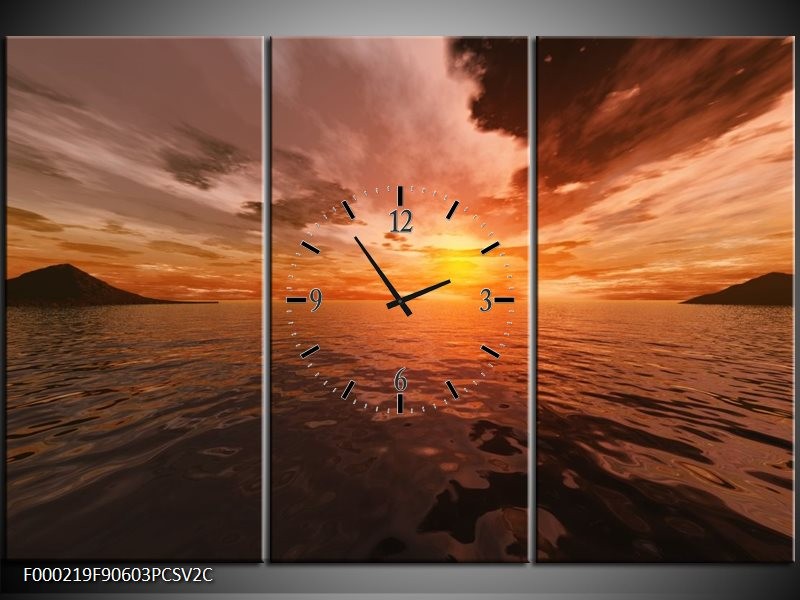 Klok schilderij Zonsondergang | Grijs, Geel, Zwart | 90x60cm 3Luik