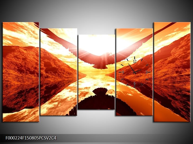 Klok schilderij Vogel | Rood, Geel, Oranje | 150x80cm 5Luik